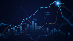 Line graph with upward and downward trends overlaid on a dark background with data points and grid lines
