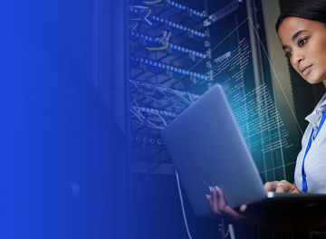 Professional using laptop in da2028-05-26 14:00ta center with servers and code overlay