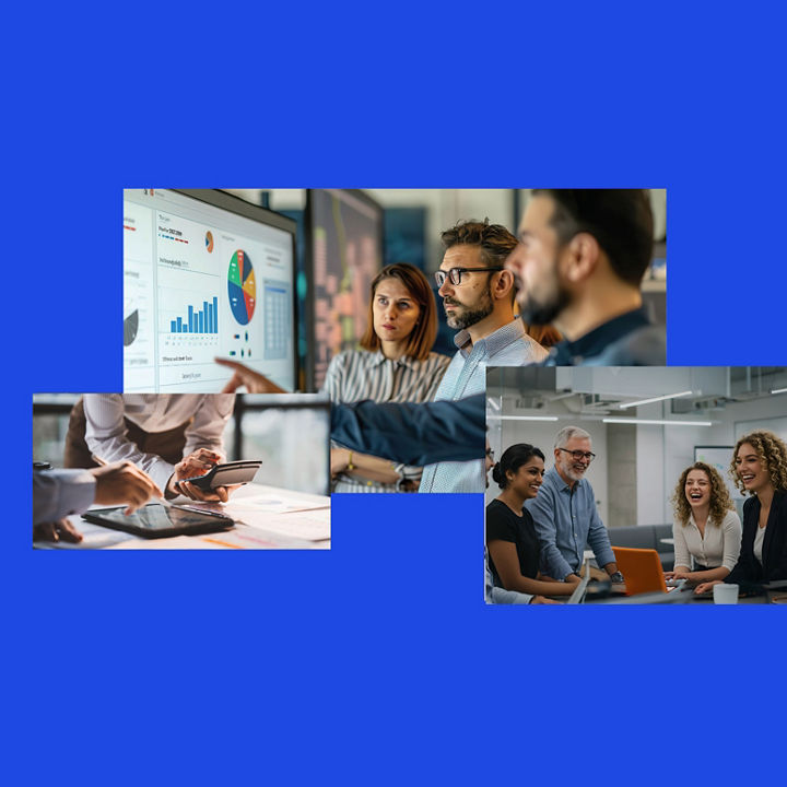 Composite image showing professionals analyzing business data, reviewing financial information, and collaborating in a meeting environment.