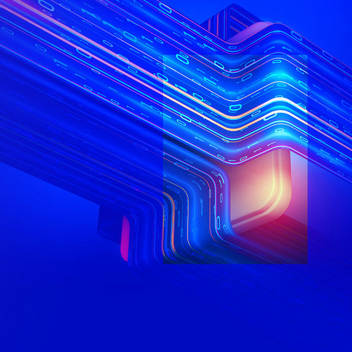 Ribbons of data flowing over a computer chip banner