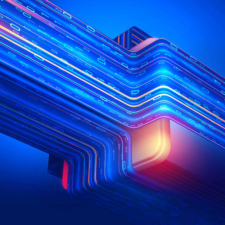 Ribbons of data flowing over a computer chip