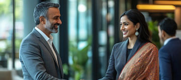 Two business professionals are shaking hands while smiling at each other in an office building lobby