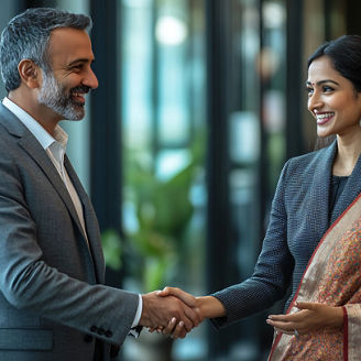 Two business professionals are shaking hands while smiling at each other in an office building lobby