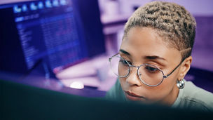 Computer, cyber security and face of woman programming ERP software, cybersecurity system or algorithm code. Programmer, developer or coding machine learning cloud computing server or IT database; Shutterstock ID 2364786803; purchase_order: Team Advisory Assurance; job: Anne Rouschop; client: AI campagne