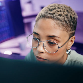 Computer, cyber security and face of woman programming ERP software, cybersecurity system or algorithm code. Programmer, developer or coding machine learning cloud computing server or IT database; Shutterstock ID 2364786803; purchase_order: Team Advisory Assurance; job: Anne Rouschop; client: AI campagne