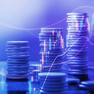 Coin stacks and chart graphs on a chessboard background. Horizontal composition with selective focus and copy space.