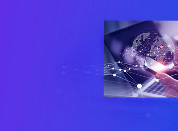 Person using cell phone with laptop and digital world banner