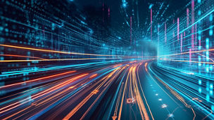 Abstract visualization of high speed data moving through a connected digital network.