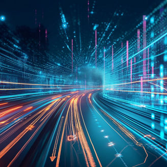 Abstract visualization of high speed data moving through a connected digital network.
