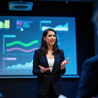 Confident Indian Female Executive Leading Presentation with Interactive Data Visuals