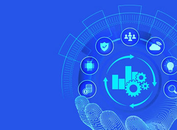 Digital hand holding chart, gears and other icons above palm