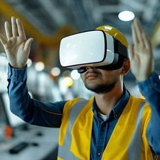 Civil engineer using virtual reality for project visualization, immersive environment with digital models, highlighting cuttingedge technology in engineering