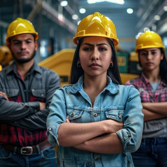 group portrait of construction workers with background of excavation machinery aigx04