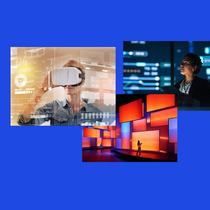 Digital innovation collage featuring VR, data technology, and digital displays.