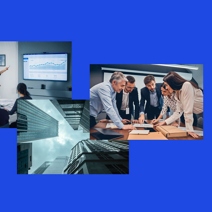 Discussion in office meeting collage