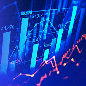 financial graphs overlay on a blue gradient background