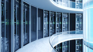 3d illustration. Sleek, futuristic interior of a modern data center with rows of server racks, glass railings, and cool blue, white lighting. Concept for cloud computing and big data storage.