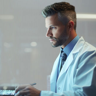 Scientist looking at screen