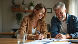 Relieved couple signs insurance forms in cozy home office. Smiling woman, gray-haired man review documents, planning future. Responsible financial decisions, security peace of mind. Focus on middle