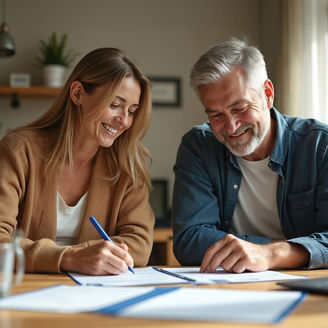 Relieved couple signs insurance forms in cozy home office. Smiling woman, gray-haired man review documents, planning future. Responsible financial decisions, security peace of mind. Focus on middle