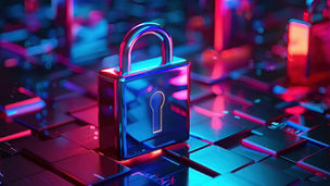 Abstract digital security concept with colorful neon lights and a metallic padlock representing cyber protection and data encryption.