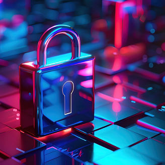 Abstract digital security concept with colorful neon lights and a metallic padlock representing cyber protection and data encryption.