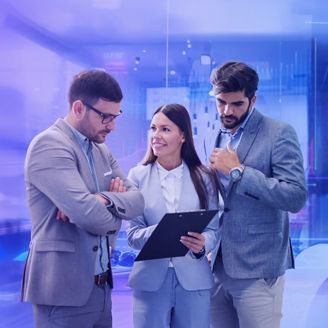 Three people in dialogue