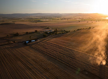Drone view of combine harvester at sunset