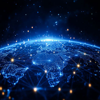 A glowing blue globe with interconnected lines and points of light against a dark background