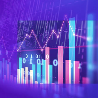 Ein digitales Diagramm mit Balken und Linien, das Daten und Trends in leuchtenden Farben darstellt.