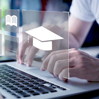 Concept of Online education. man use Online education training and e-learning webinar on internet for personal development and professional qualifications. Digital courses to develop new skills.