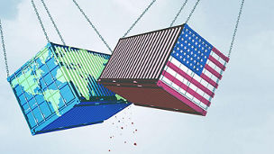 Container mit US-Flagge und Globus