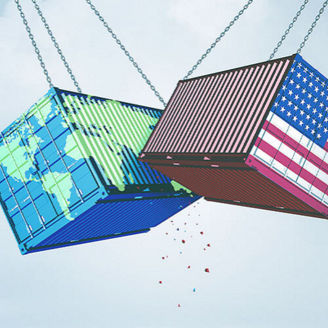 Container mit US-Flagge und Globus