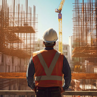 A civil engineer stands looking at the construction site. Generative AI.