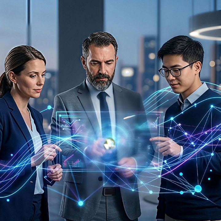 Three professionals in a modern office interacting with data visualization.