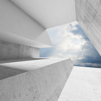 Empty white concrete interior with cloudy sky behind the window. Modern minimalist architecture background, 3d render illustration