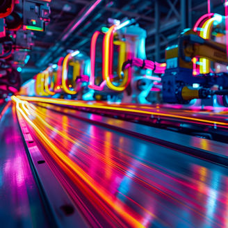 Long time exposure photography capturing the robotic arms of an automated assembly line in motion, illuminated by vibrant neon lights