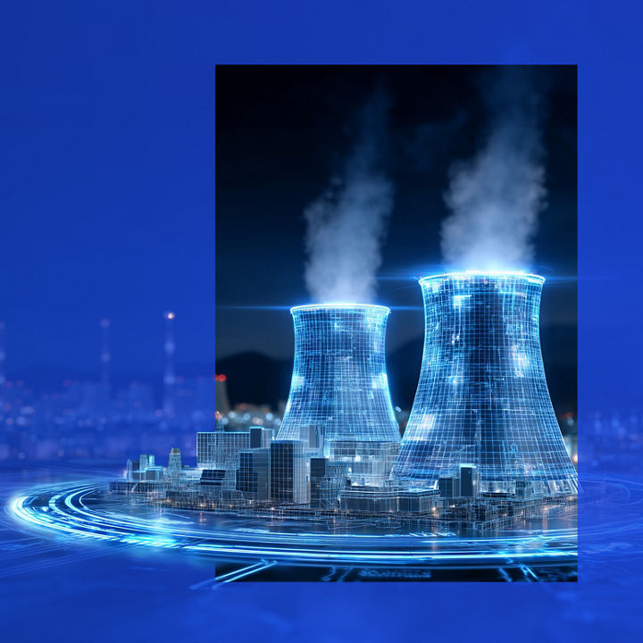Holographic city skyline with large power stacks