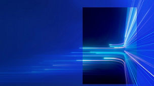 Abstract blue background with light streaks and glowing lines converging into a black square, suggesting data or digital movement