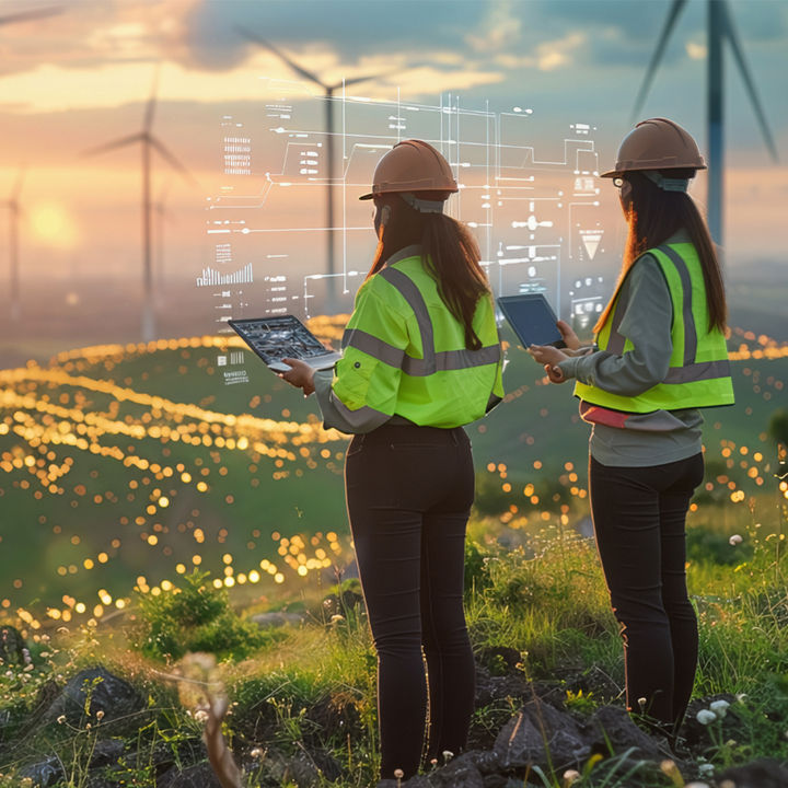 A team of renewable energy engineers working amidst a landscape dotted with wind turbines and solar panels. consulting data on laptop with holographic analytics floating in the air. Generative AI.