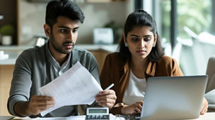 Team: At the desk, young Indians focus on accounting for income and expenses, striving for financial stability in the family