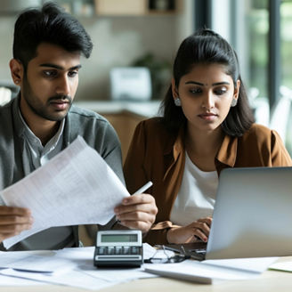 Team: At the desk, young Indians focus on accounting for income and expenses, striving for financial stability in the family