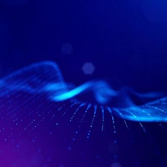 3d rendering, science fiction background of glowing particles with depth of field and bokeh. Particles form line and surface grid. microcosm or space. Blue V11