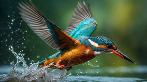 Kingfisher Flying Out of Water with Bright Colors, Water Splashes on Green Background. Kingfisher with Colorful Plumage Flying Out of Water with Splashes against Greenery