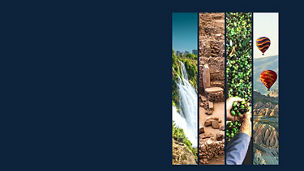 A collage of vertical scenes showing a waterfall, a stone structure, harvested green produce, and hot air balloons in an outdoor landscape.