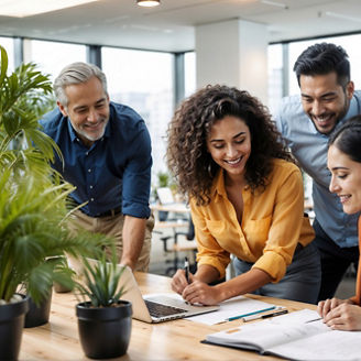 Diverse, multiracial creative team of people in the office, happy employees and ceo having brainstorming meeting, concept of teamwork and collaboration in business, healthy working environment.