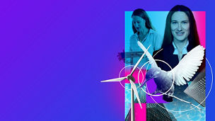 Das Bild zeigt eine Collage mit verschiedenen Elementen: eine Windturbine, einen fliegenden Vogel und abstrakte geometrische Formen, die an Gebäude erinnern. Der Hintergrund ist ein Farbverlauf aus lebhaftem Violett und Blau, was eine dynamische und moderne Ästhetik erzeugt. Die Komposition suggeriert Themen wie Technologie, Natur und städtische Umgebungen.