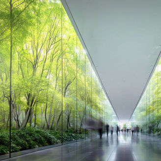 A glass-roofed walkway lined with trees