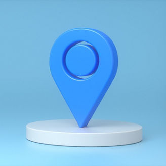 Blue mark and target sign on a white podium on a blue background. The concept of search, goals, labels, travel. 3d rendering