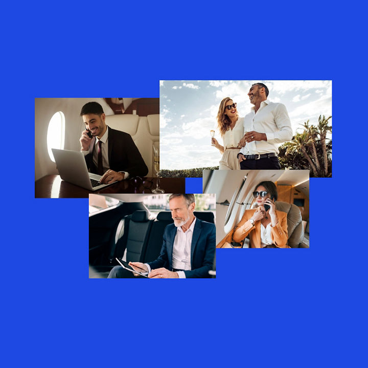 A collage of four photographs on a blue background showing people traveling and working